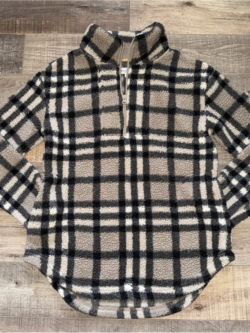 Koolaburra by Ugg Plaid Quarter-Zip Sherpa Pullover - Taupe/Black